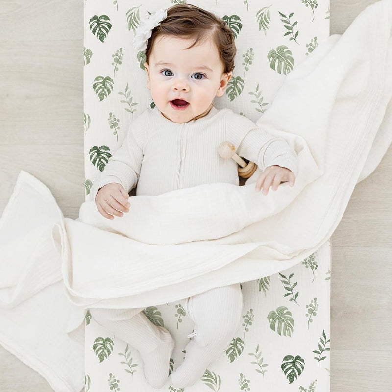 Coreeky 3 Pack Muslin Changing Pad Covers for Girl, Boy, 100% Soft Cotton Changing Table Cover, Breathable Baby Nursery Diaper Chang Pad Sheets (Leaf) - Image 3